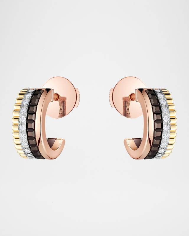 Quatre Classique 18K Tricolor Gold Mini Hoop Earrings with Diamonds and Brown PVD